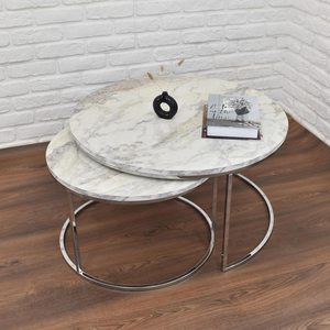 Large Coffee Tables Modern Living Room Design, High Gloss <strong>Marble</strong> Inspired amd Silver Plated Metal Base - Product Image 1