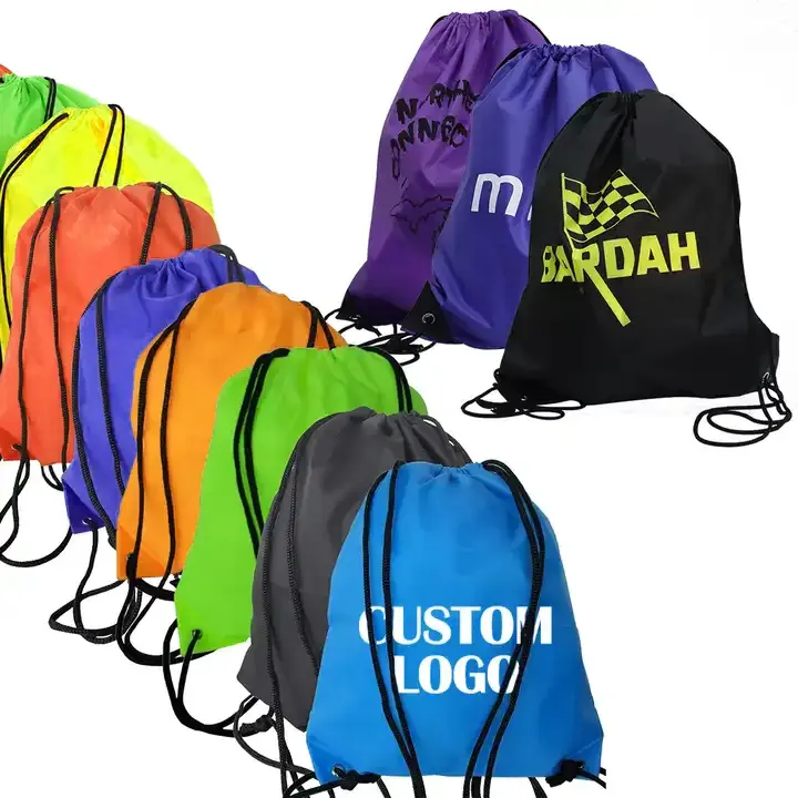 Mochila esportiva promocional personalizada, preço de fábrica, 210d, poliéster, corda, impressão, logotipo personalizado, cordão, saco