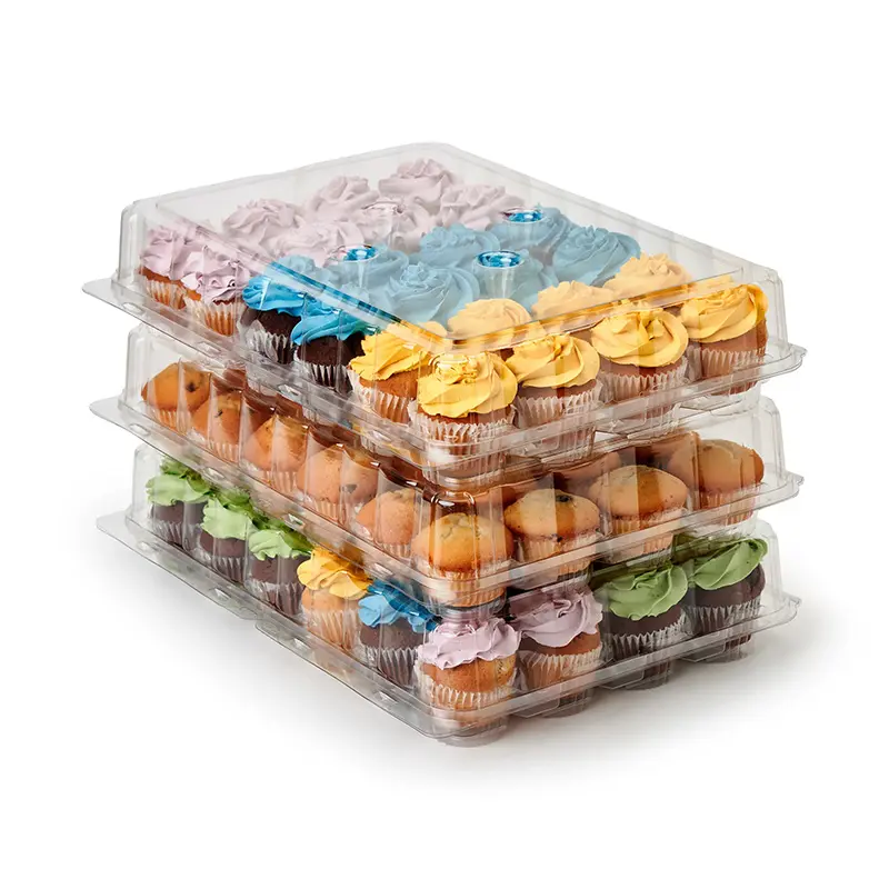 Custom cheap price clamshell packaging transparent pet plastic boxes holders for 24 cupcakes