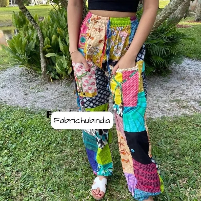 Pantalon sarouel multicolore avec poches Pantalon sarouel en rayonne Pantalon d'été pour femmes Vêtements de festival