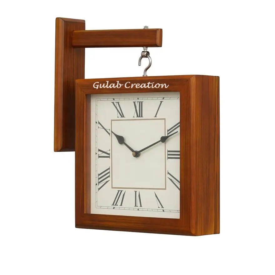 Elegante Reloj de pared de estación analógica de números ingleses y Romanos cuadrados de doble cara de madera para sala de estar decoración del hogar regalos de oficina