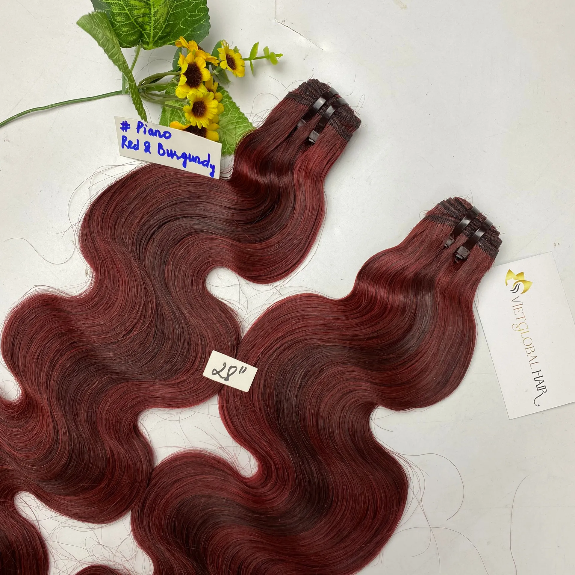 Più venduto 100% capelli umani onda del corpo vergine vietnamita cuticola capelli allineati doppia trama doppio disegnato pianoforte colore rosso bordeaux