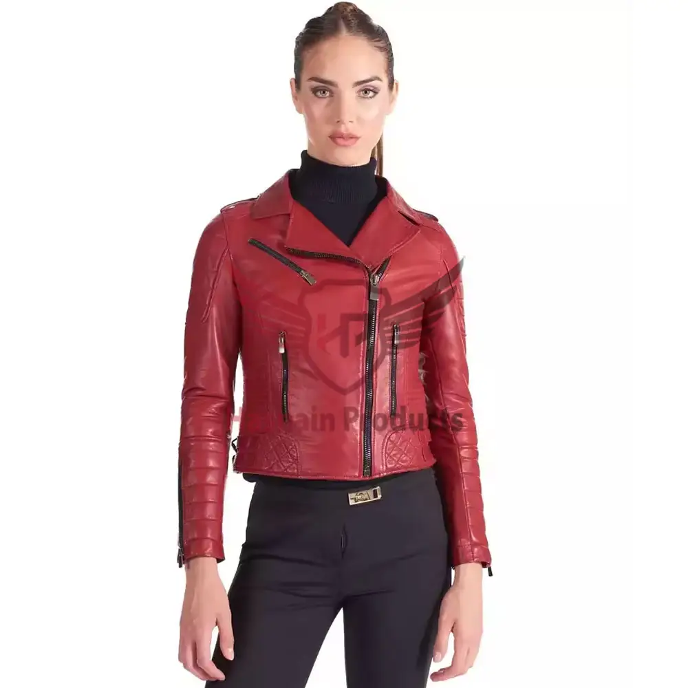 New Design Luxury Women's Classic Zipper Motorcycle Leather Jacket | Slim Fit Sexy Red Leather Jacket for Women and Young Girls