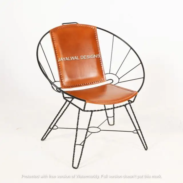 Silla Industrial de cuero genuino con marco de Metal, sillón Vintage de cuero rústico, muebles de cuero genuino