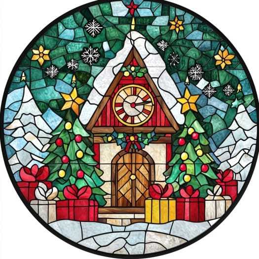 Christmas cabin with clock and gifts