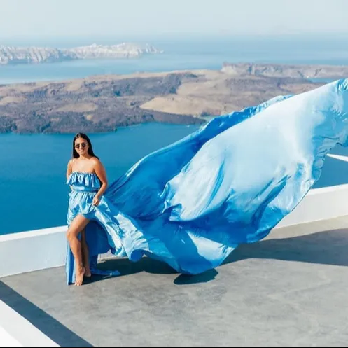 Vestido nuevo verano alto Sexy señoras diseño Flowy Satin Santorini vestido Volador más hermosa ropa de mujer