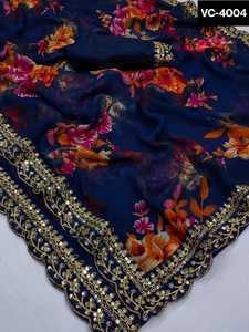 Hint tarzı nakış ile çiçek baskı Sari ile etnik Georgette iş kesme iş dantel sınır ve bangbangbluz ile büyük dantel - Product Image 6