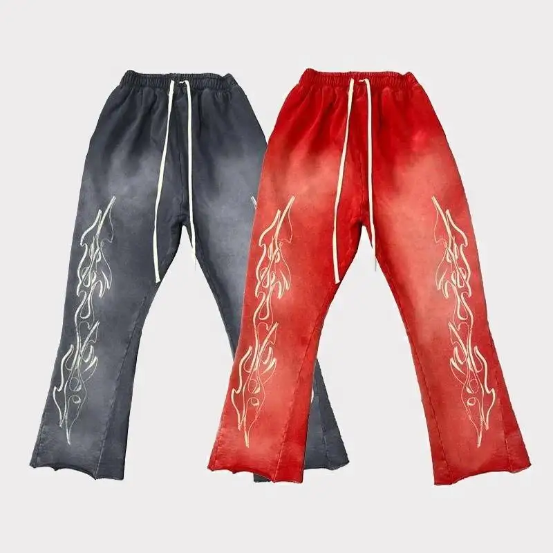 Pantalones de chándal vintage con lavado a la piedra vintage con logotipo personalizado, pantalones de chándal acampanados con lavado ácido y desteñidos para hombre