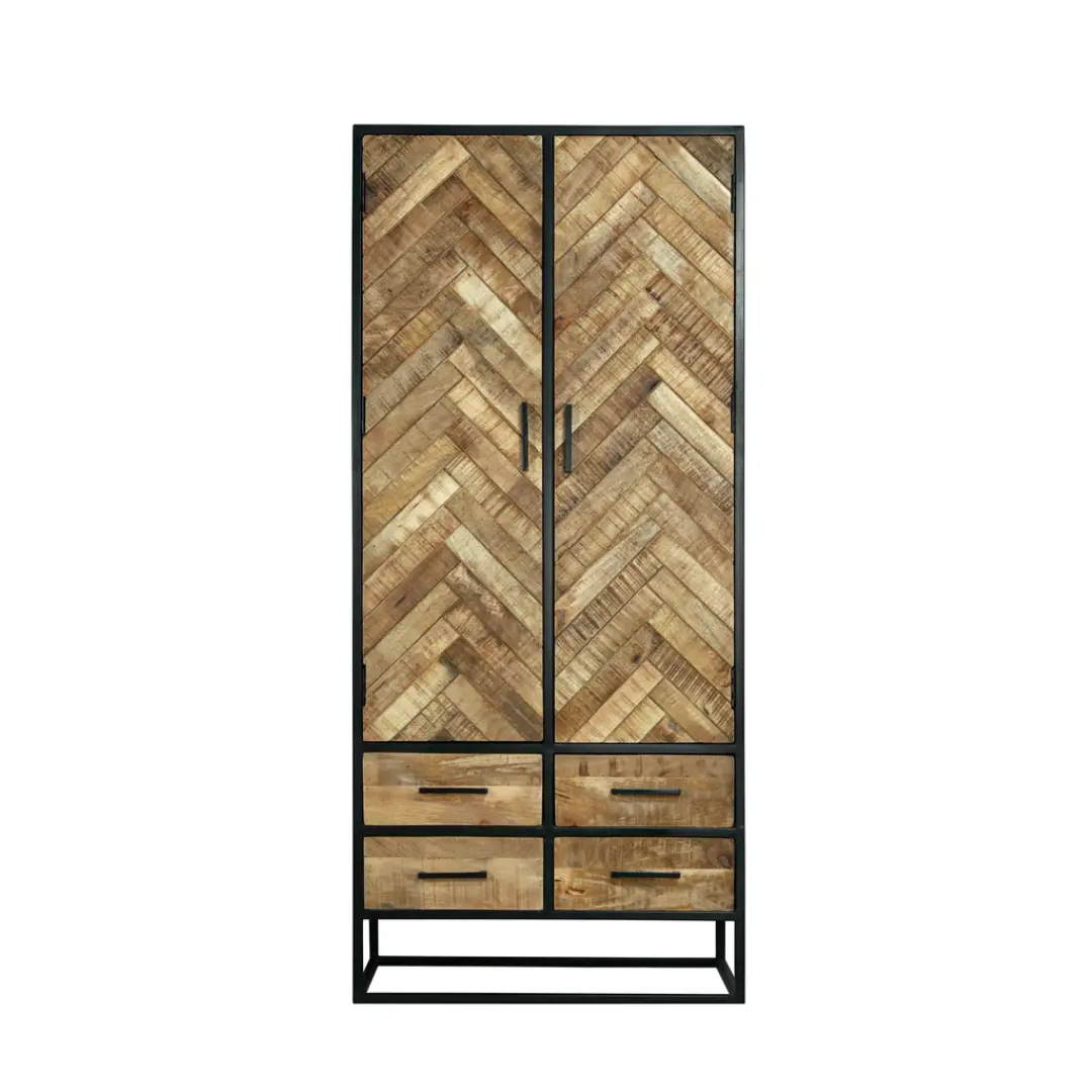 Estilo Industrial Mango Solid Wood and Iron Frame Wardrobe Double Door Storage Cabinet com 4 Gavetas para Sala Quarto