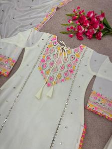 Etnik Plazo Set sahte Georgette ağır nakış dizisi hindistan'dan pom pom daha az sınır ile gerçek ayna İşi ile çalışmak - Product Image 3