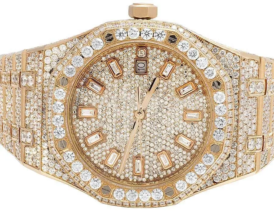 Relógio masculino de diamantes redondos luxuosos banhados a ouro rosa, relógio automático suíço Moissanite totalmente gelado com diamantes hip hop