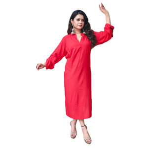 Women's <strong>Red</strong> Designer Sleeve Long Kurta Dress Viscose Rayon Summer Dress, Sizes M to 5XL