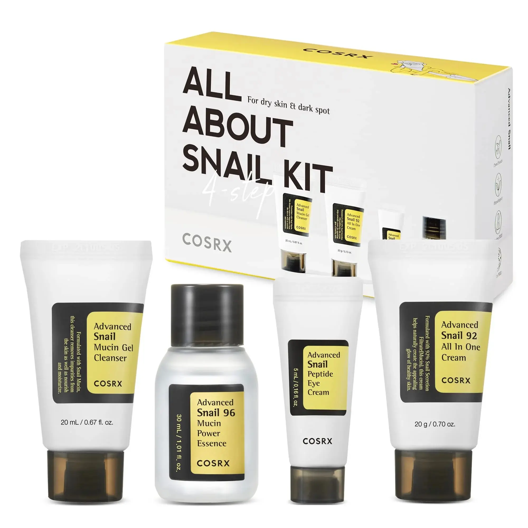 Kit de rejuvenecimiento al por mayor tamaño de viaje aprobado por la TSA COSRX Korean Skincare con Snail Mucin Advanced All About Snail Kit