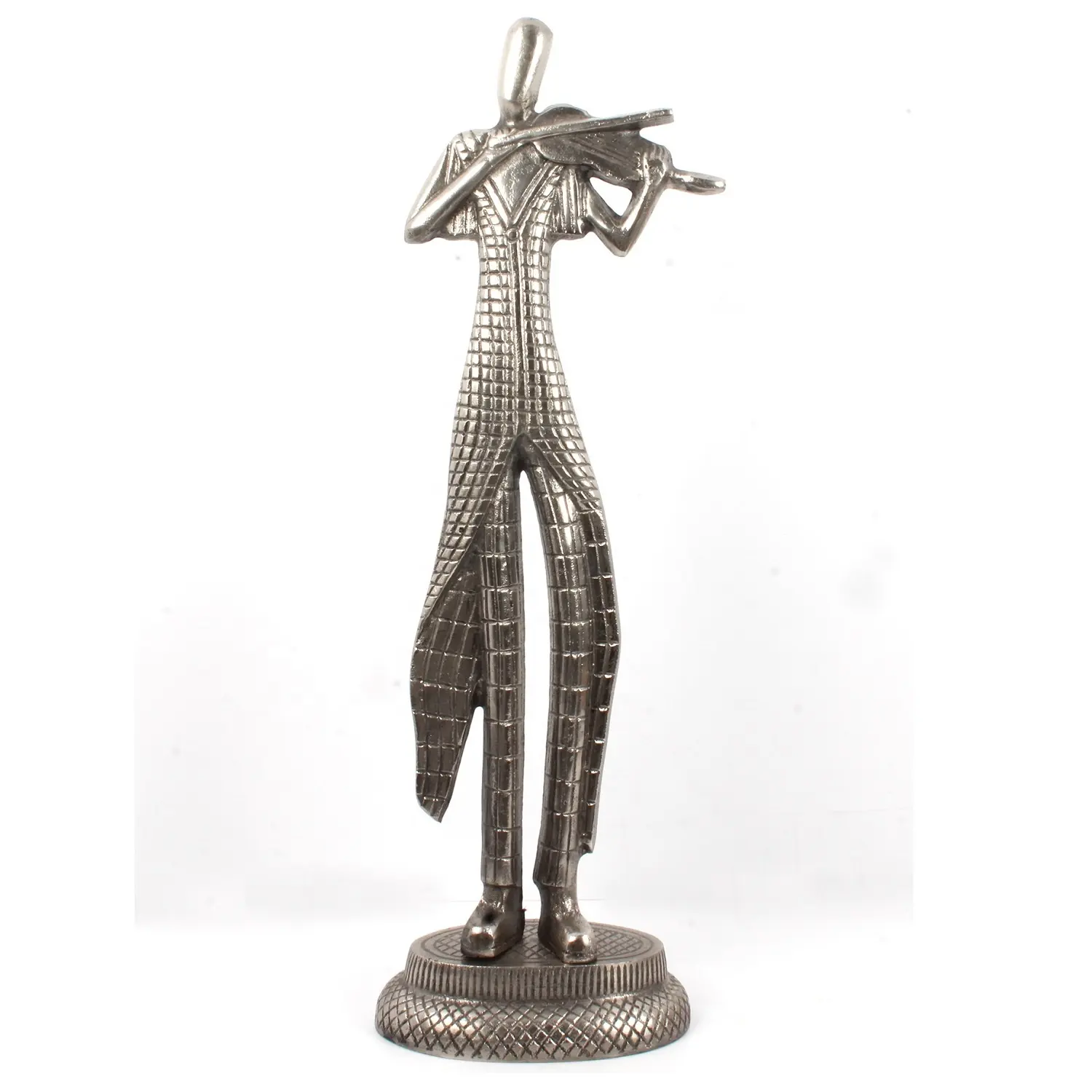 Escultura de aluminio fundido artesanal de un hombre tocando la guitarra con acabado plateado a precio barato