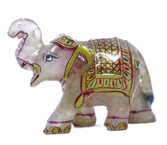 Acquista figurina di scultura di statua di elefante dipinta a mano con pietra preziosa di quarzo rosa artigianale decorativa per la casa indiana