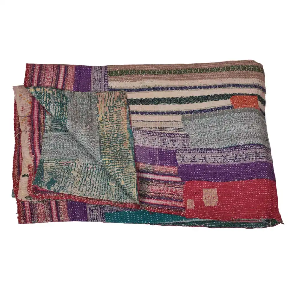 Edredón indio Kantha Sari Vintage tradicional de calidad súper fina, edredón Kantha hecho a mano, artesanías multicolores, edredón Kantha Vintage