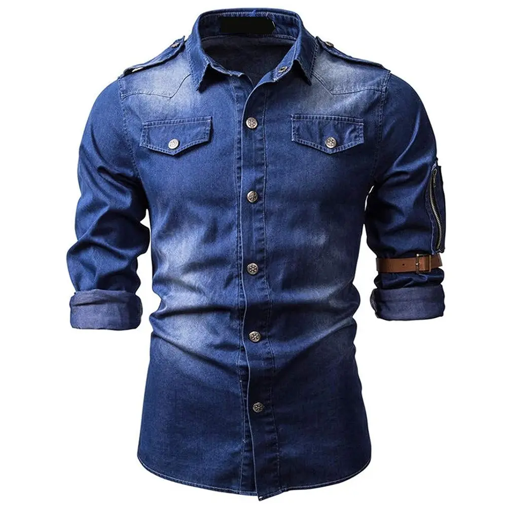 Preços Baratos Por Atacado Casual Moda Algodão Denim Shirt / Street Wear Personalizado Impressão Do Logotipo Denim Shirt Para Homens