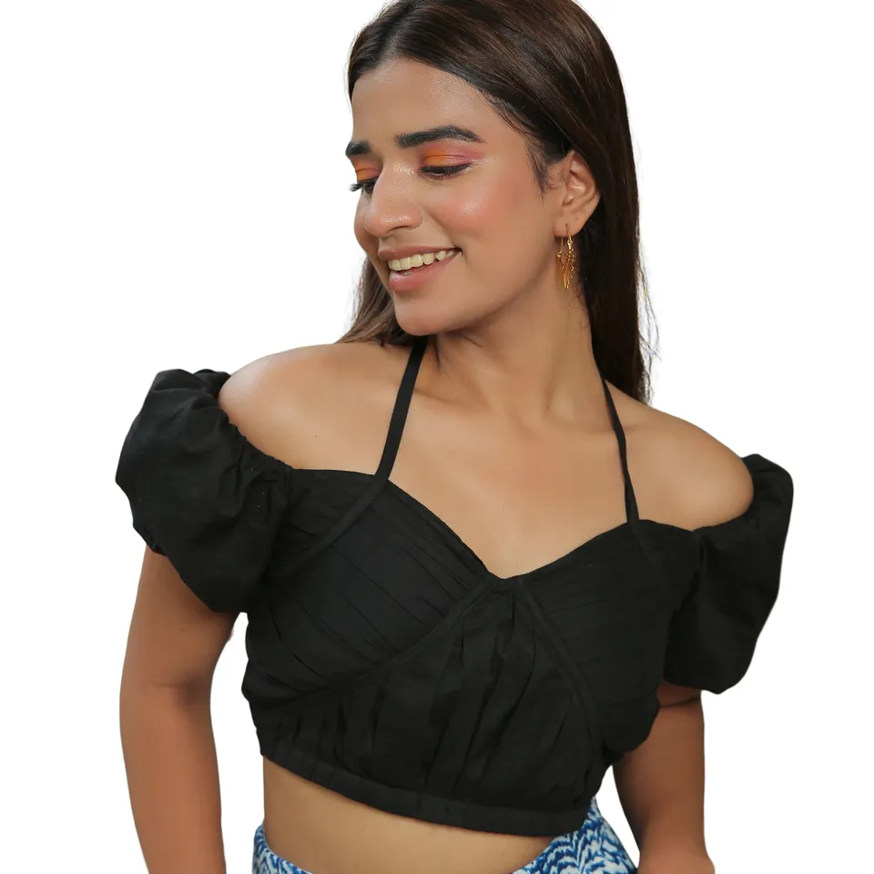 Jet Black Halter Top With Mediterranian Blue Skirt Set new arrival latest collection Casual women's short dress at low price