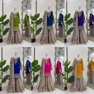New Designer Wear Faux Georgette <strong>Coding</strong> <strong>Sequence</strong> Embroidered &amp; Pearl Work Top and Sharara With Fancy Lace Dupatta