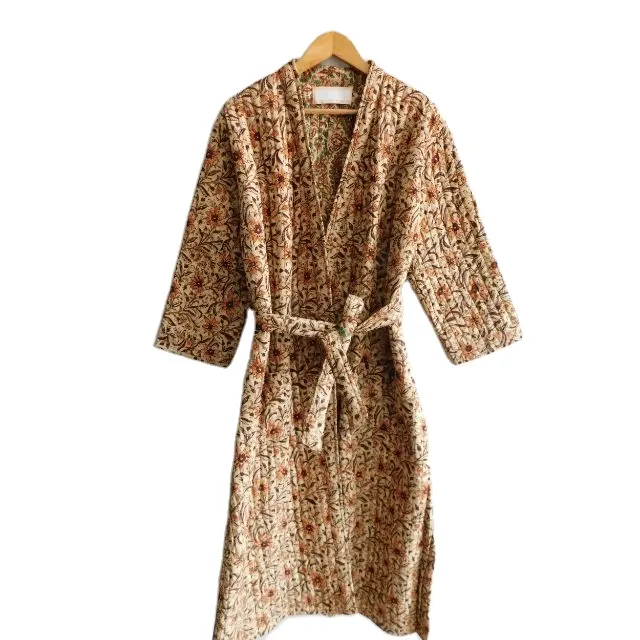 Kimono matelassé en coton pour femmes, peignoir Long, vêtements d'hiver, bloc à main, imprimé Floral, manteau de nuit décontracté