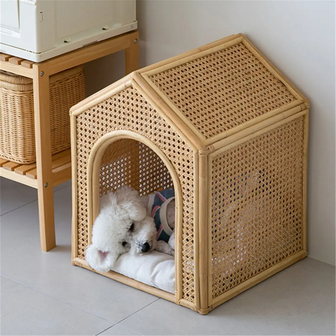 บ้านสุนัขสไตล์ญี่ปุ่นผ้าหวายธรรมชาติสานพร้อมเสื่อผ้าฝ้าย