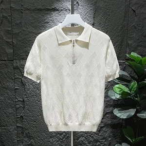 メンズ人気の夏用アイスシルクTシャツ2024クラシックレトロ半袖ポロシャツ毎日固体グリッド静脈新しいスリムフィット - Product Image 1