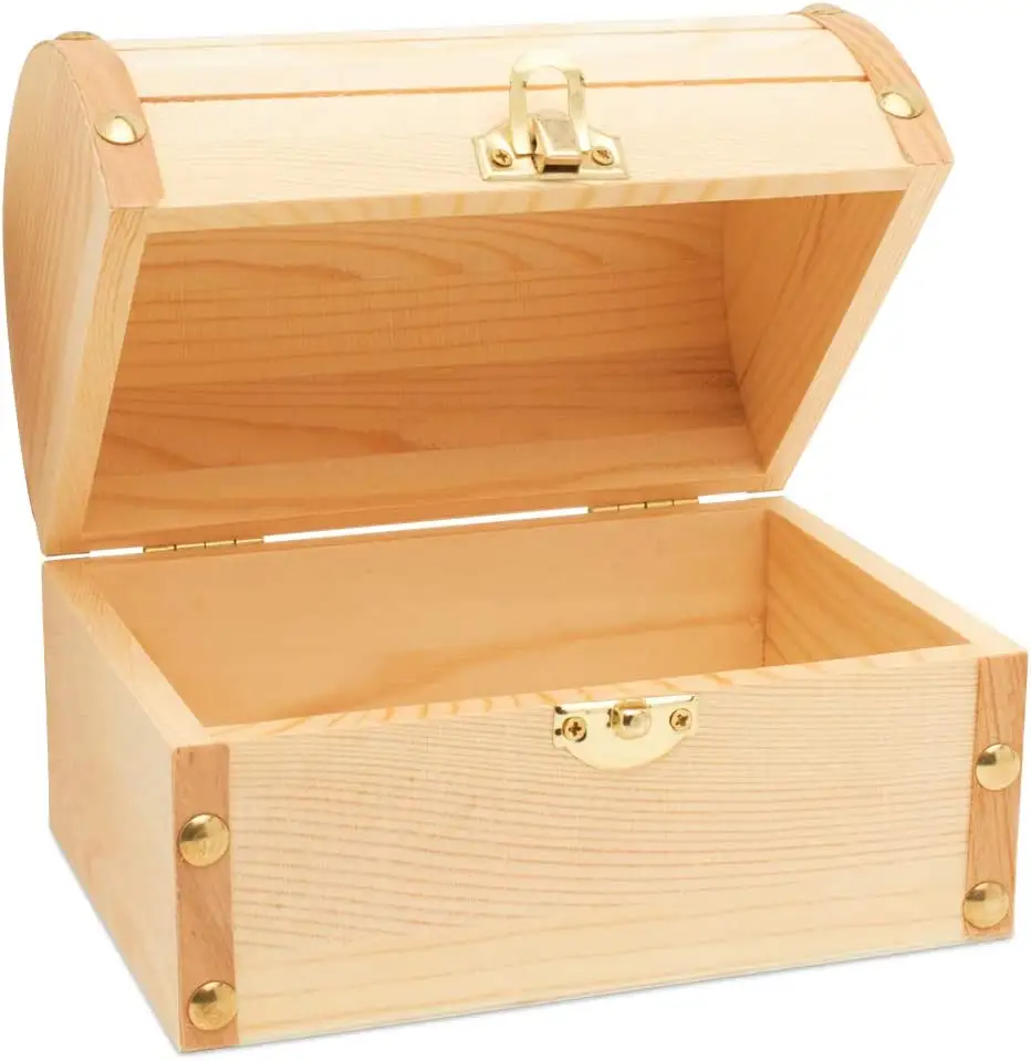 Caja de madera del Cofre del Tesoro de 6 pulgadas, con tapa con bisagras para artesanías, decoración del Tesoro de boda