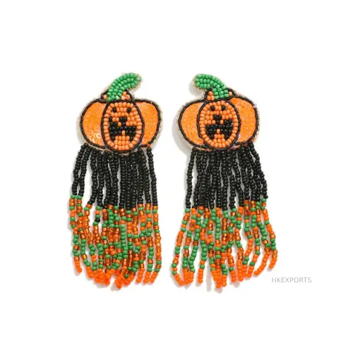 Orecchino di perline di zucca di Halloween per ragazze da donna, gioielli fatti a mano con perline arancioni, orecchini pendenti con zucca per l'autunno