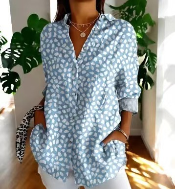 Blue shirt with white polka dots