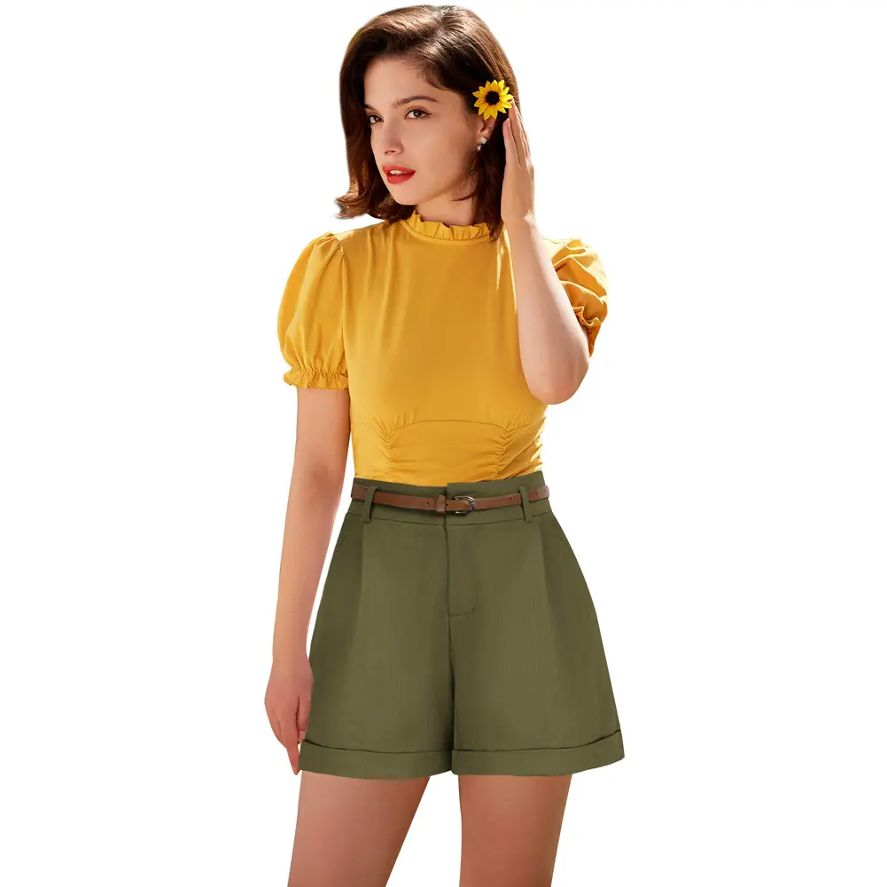 Short en coton à taille haute pour femme, vêtements décontractés, avec ceinture, taille élastique, tenue d'été