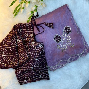 ชุดส่าหรีดีไซเนอร์ส่าหรีแบบทูโทนสีทองปิ๊งแบบนุ่มพร้อมด้วยผ้าพันฮีช์งานทำมือและแขนเสื้อคอ - Product Image 1