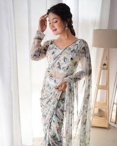Net ağır nakış Saree düğün festivali hint gelin hafif kadınlar Sari kadınlar Boho elbise Sarees hazır giymek - Product Image 3