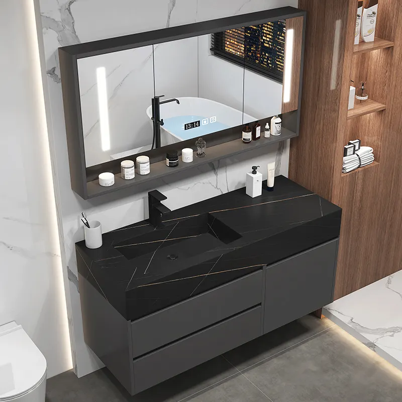 Luxus schwimmende Dusche Eitelkeit Wand montage Holz Badezimmers chrank Set mit Smart Led Spiegels chrank