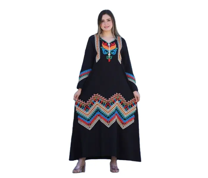 Yeni varış şık siyah işlemeli pamuk Kaftan tasarımcı uzun kollu moda çingene uzun Maxi elbise