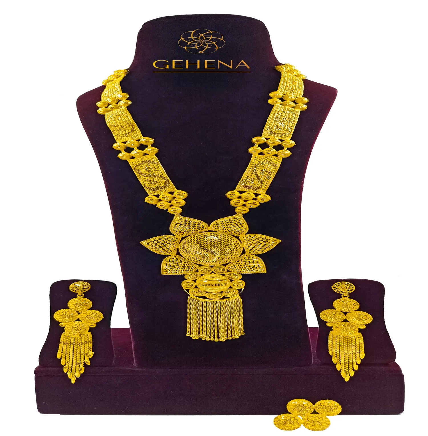 Collar largo chapado en oro de 24 quilates para mujer, conjunto de pendientes y anillo para dedo, colgante elegante y elegante, 5 gramos
