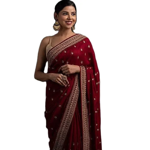Con sari da lavoro ricamato bella morbida seta Chanderi donna adulti vestiti indiani tessitura India e Pakistan supporto 500 0216
