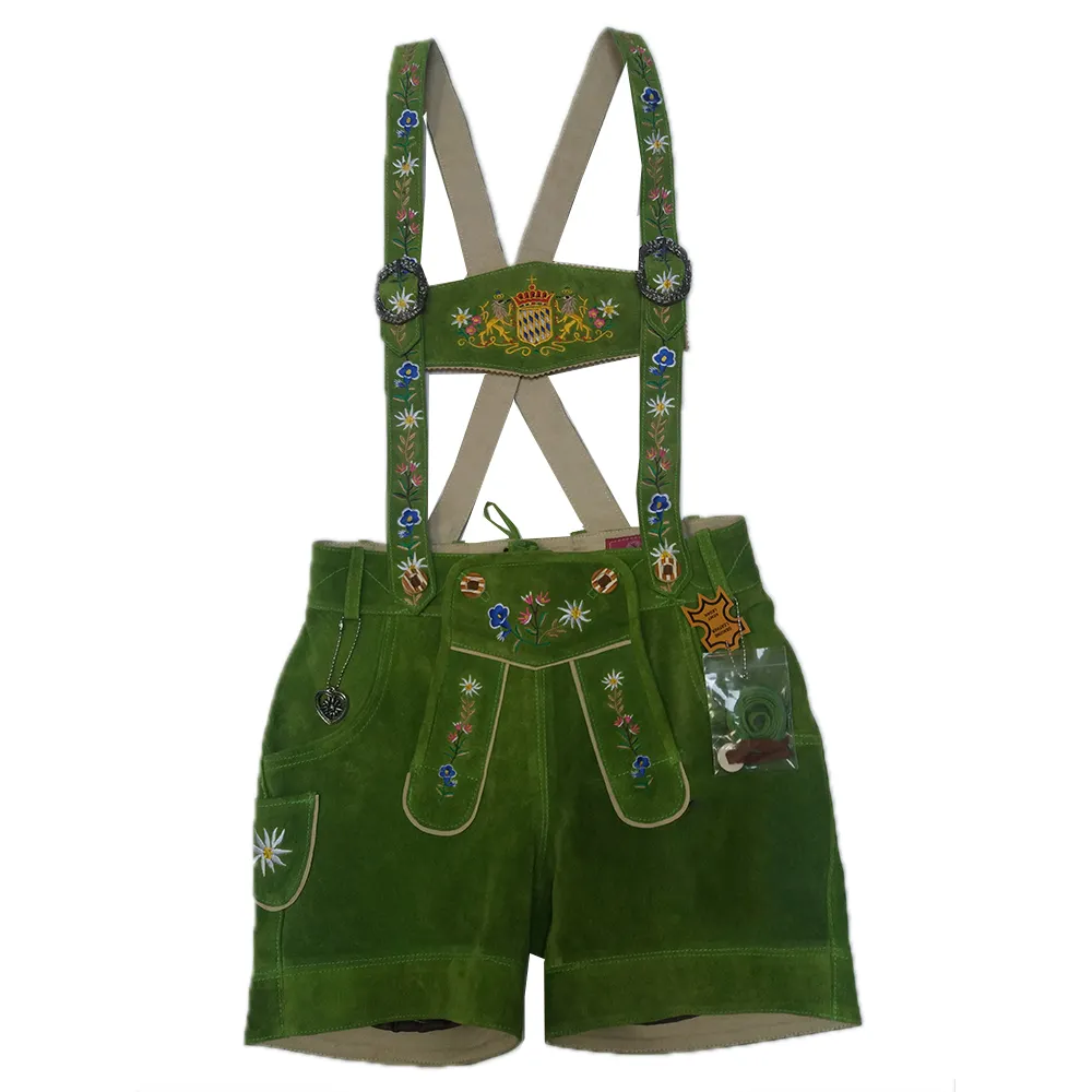 Pantalones cortos de cuero de vaca para mujer, de cuero de vaca verde tradicional alemán, bavian, Oktoberfest