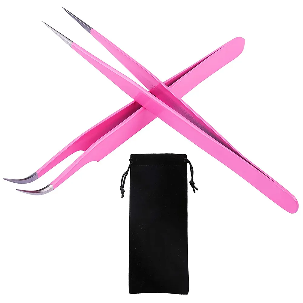 Best Quality Beauty Care Eyelashes Extension Tweezers Pink Color Straight And Curved Tip Tweezers For Eyelash
