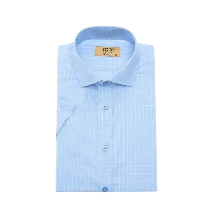 Qualidade Novo Bambu Pequeno Formal Turn-down Collar Camisas De Algodão Acessórios Verificado Camisa De Vestido Curto Em Azul Feito No Vietnã