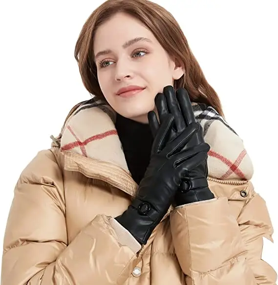 Găng tay da mềm cho phụ nữ da cừu chính hãng Da thời tiết lạnh Găng Tay Cashmere lót da cừu màn hình cảm ứng lái xe găng tay