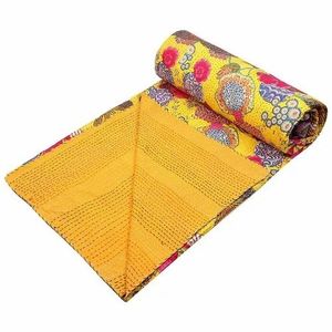 Hand Stitched Ethnic Bedding Quilt Cotton Kantha Bedcover with Yellow Tropical Fruit Print Flat Bed <strong>Sheet</strong> Model - Product Image 1