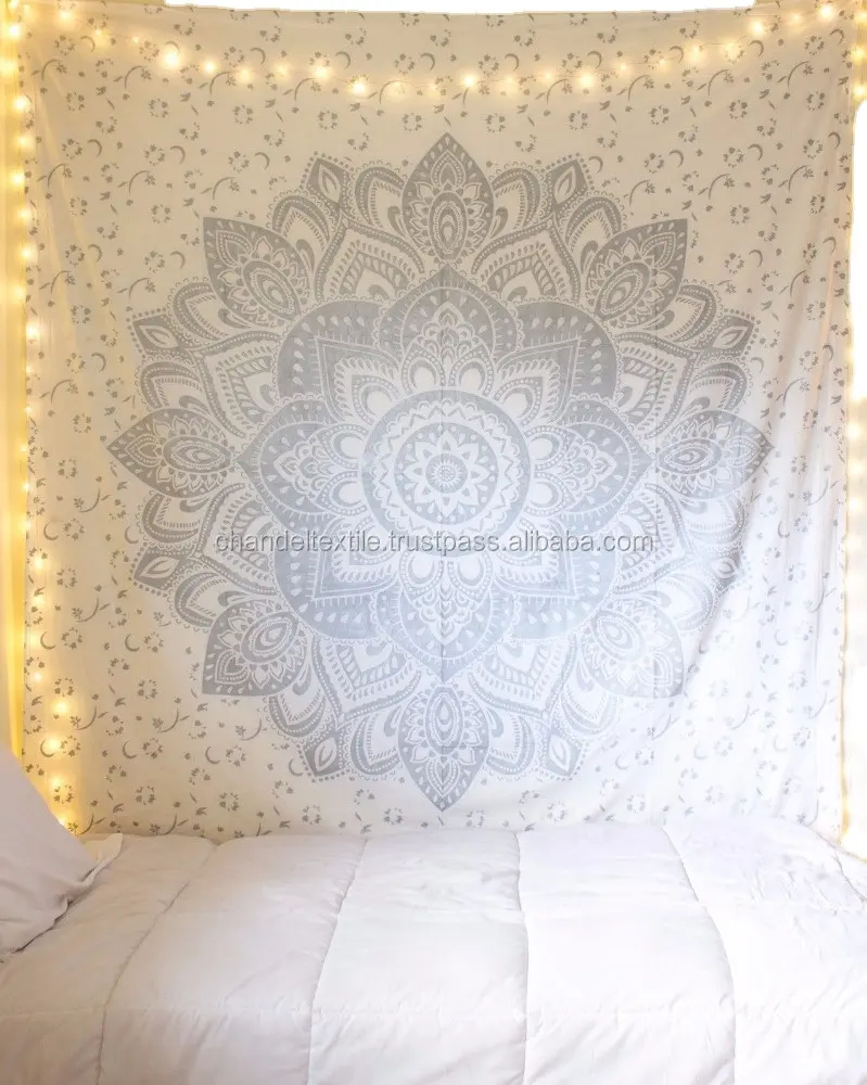 Silver Mandala Ombre Tapestry Indian Wall Hanging Bohemian Hippie Bedspread Throw Decor Queen, Twin Mandala Bed sheet tapestries