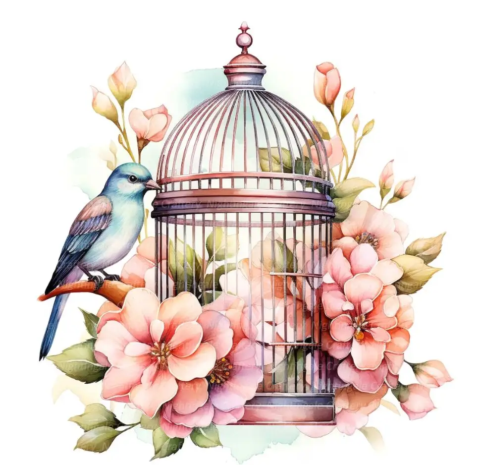 Floral Bird Cage Clipart Flower Birds Printable Watercolor clipart High Quality Traditional decorative cage for indoor outdoor