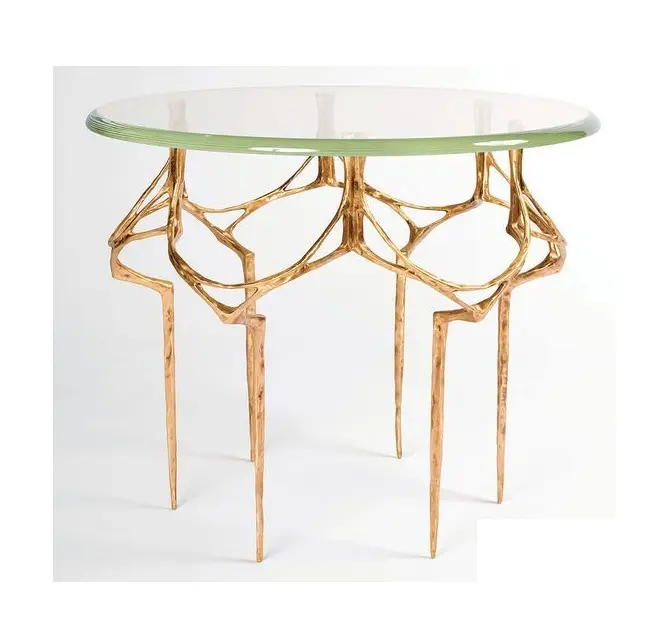 Consola de hierro forjado con marco dorado de lujo moderno de Metal de forma redonda de lujo de primera calidad, mesa de centro superior de vidrio templado a la venta