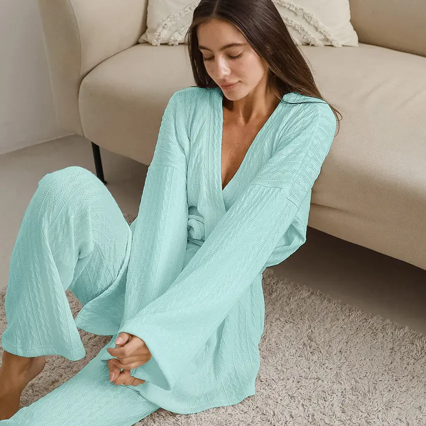 Bayanlar örme Loungewear 3 parça iç çamaşırı pijama seti kadın pijama kış ve sonbahar için