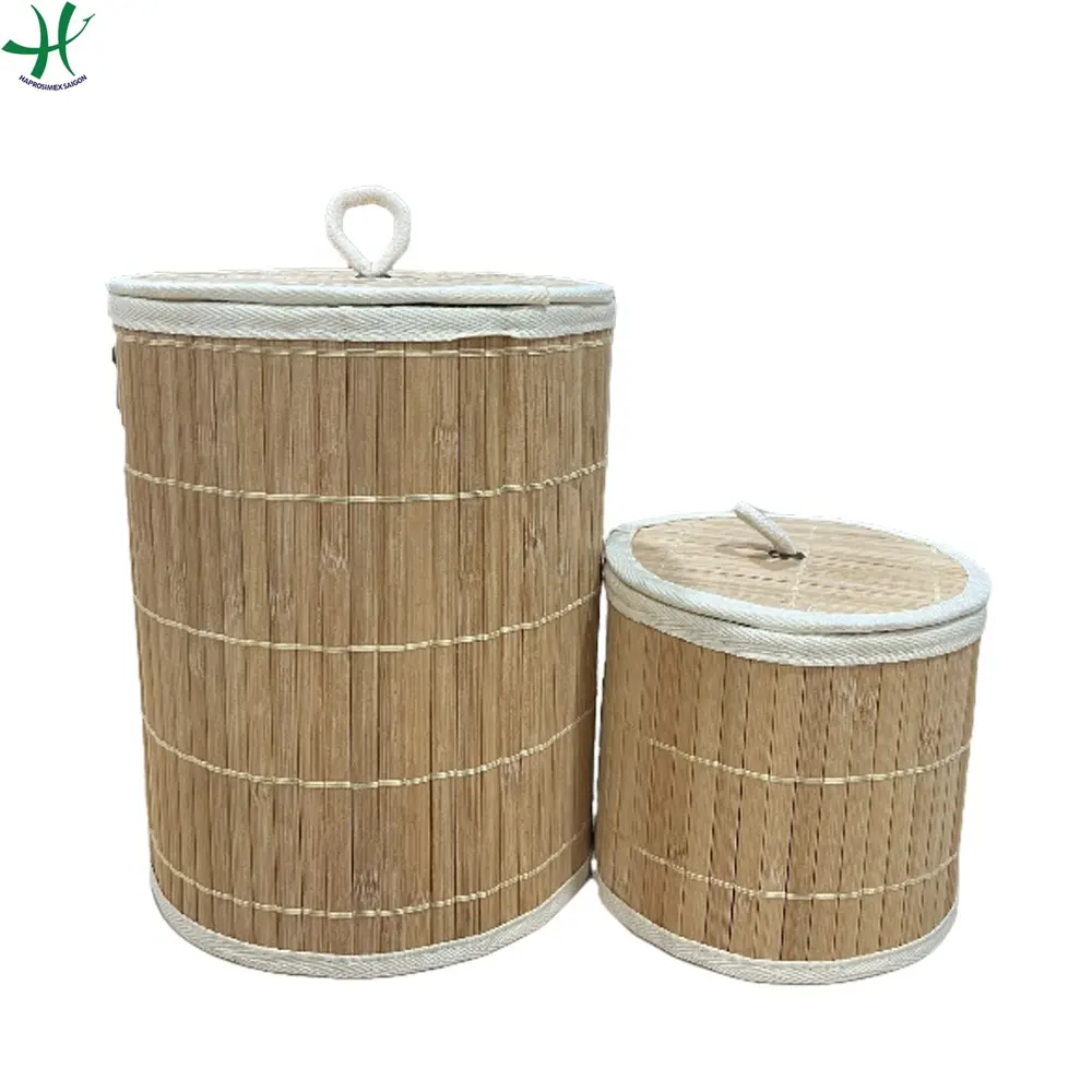 Grosir Murah Keranjang Bambu Berbentuk Bulat dengan Tutup dan Pegangan Tali Katun, Produk Bambu