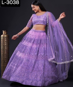 Zari ve dizi sınır işi ile Net Dupatta ile Lehenga choli iplik zari ve dizi çalışması ile hint etnik Net lehnga - Product Image 1