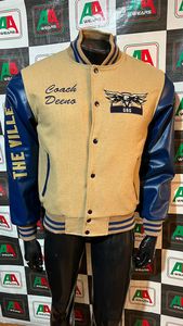 Heavy Embroidered Plus Size Biker <strong>Jacket</strong> Winter Steel Button Ribs Sheep Fur Letterman Style Wool Leather Breathable Cotton - Product Image 5