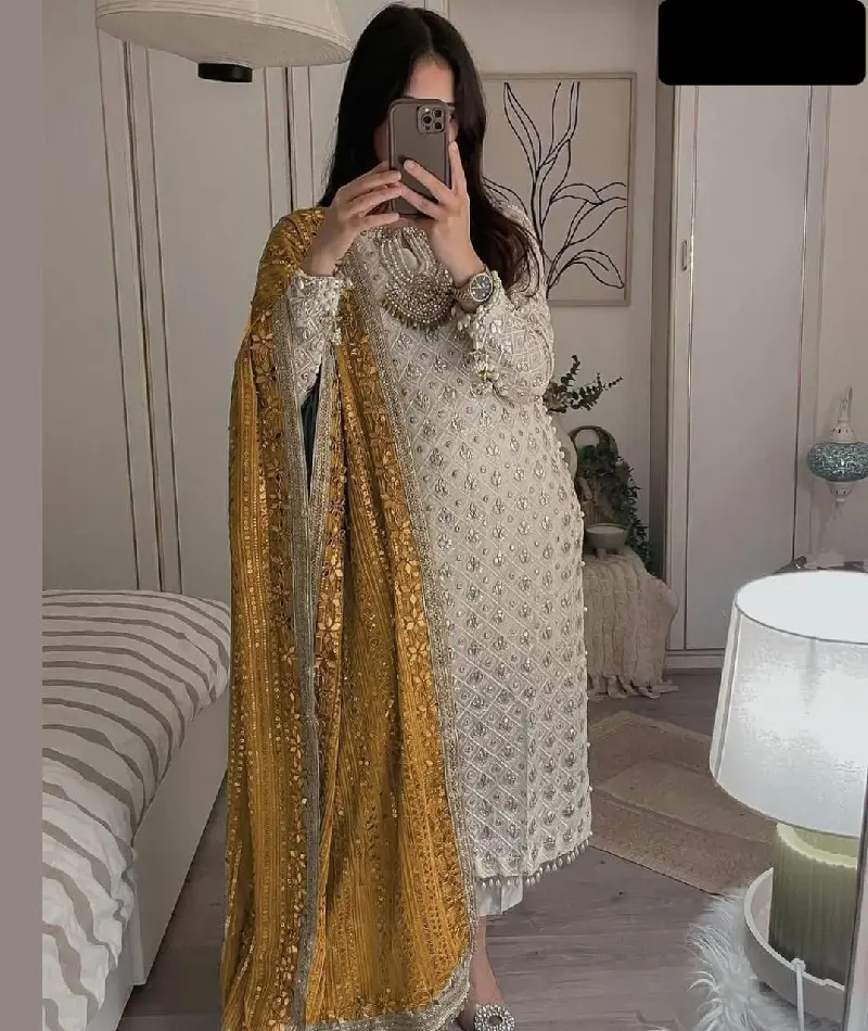Eid vestidos de mujer Salwar Kameez señoras Shalwar Kameez colección listo Georegtte pesado Emvroidwery trabajo Salwar Kameez traje