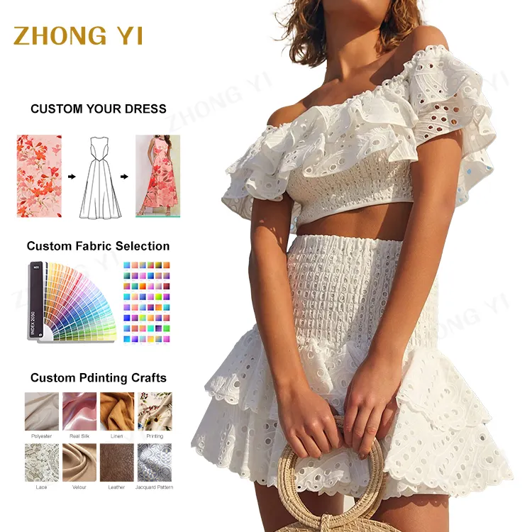 2023 verano personalizado una línea hombro Crop Top cintura alta línea A línea doble capa falda combinación dos piezas mujeres moda conjuntos